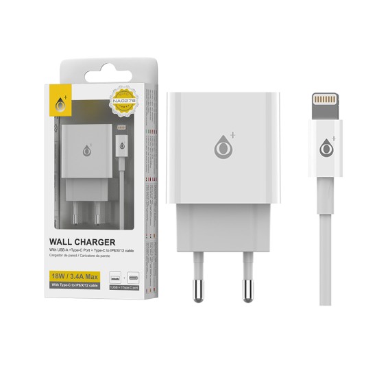 Carregador de Parede EU OnePlus EU NA0278 com 1 Porta USB+1 Tipo C e cabo Tipo C para Relâmpago QC 3.0+PD(18W) Branco